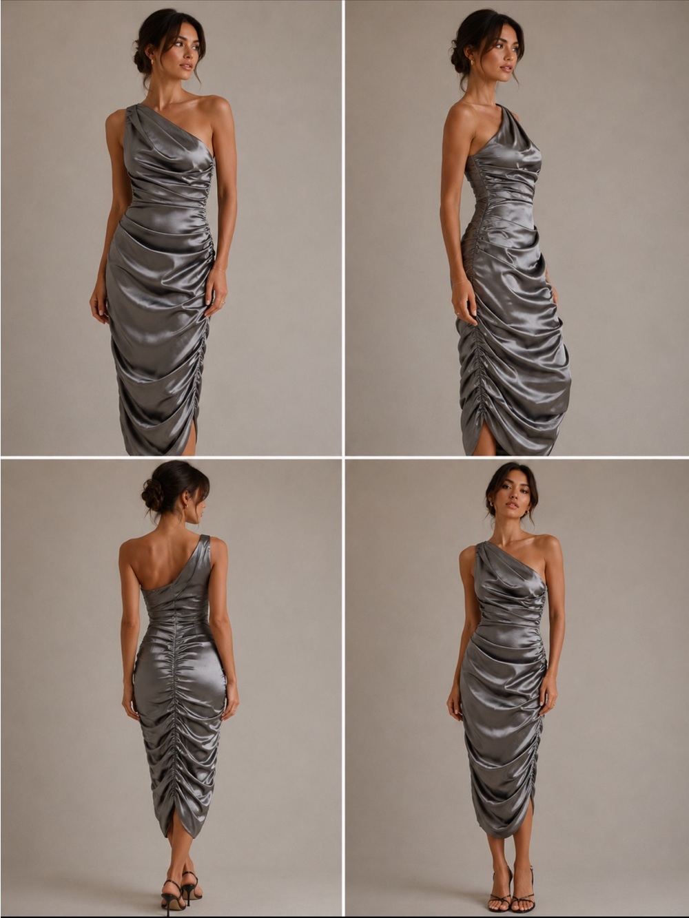 Abyss By Abby Silver Satin Evening Dress with Pale Pink Trim
